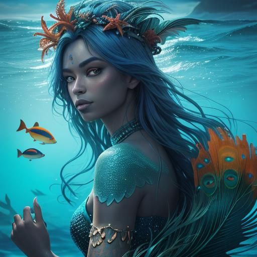 Hyper-Realistic Dark Skinned Mermaid with Vibrant Oceanic Hu...