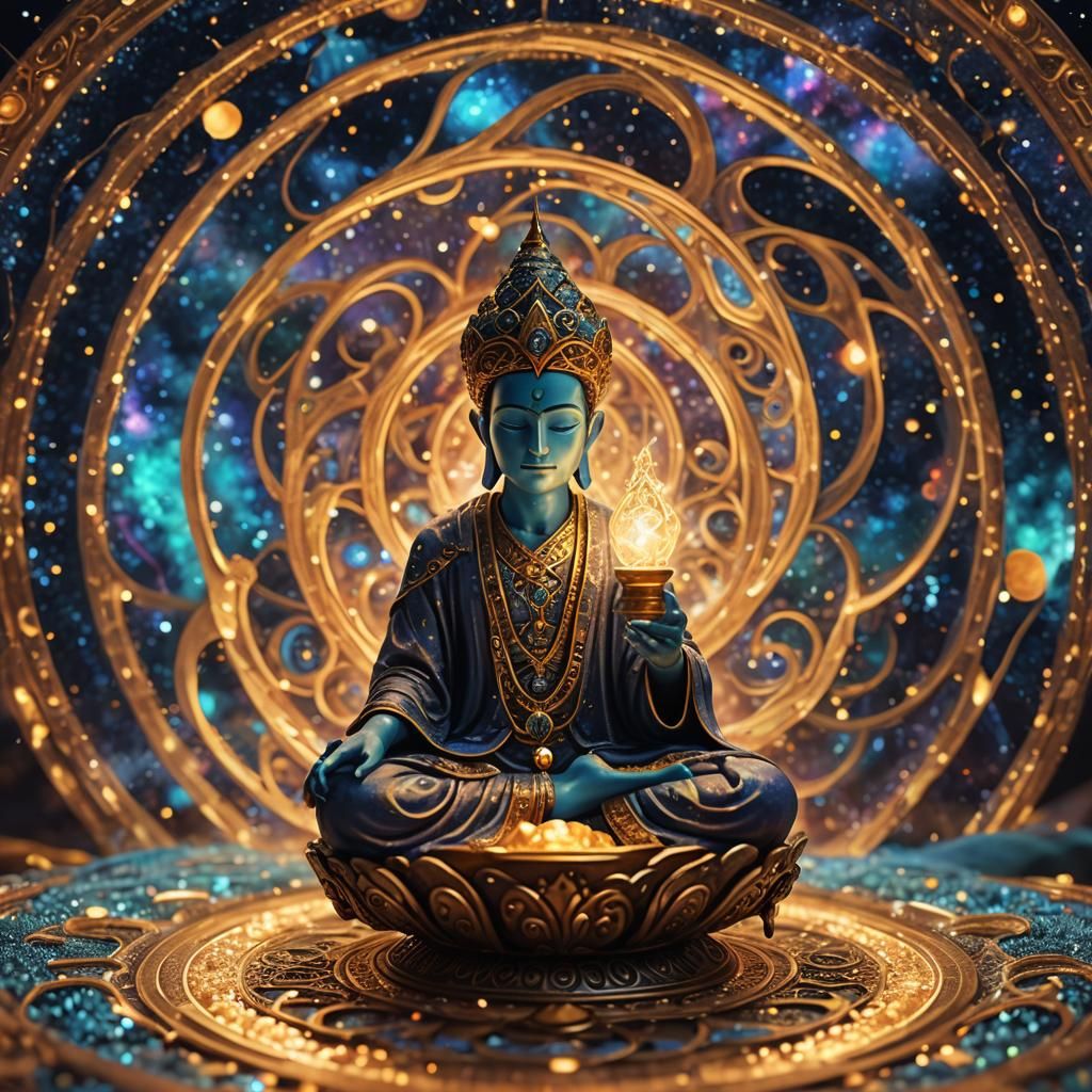 Surreal Close-up of a Djinn Meditating Amidst Cosmic Vortex