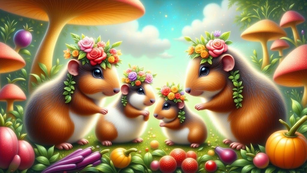 Guinea Pigs in Whimsical Fantasy Forests with Veggies and Fr...
