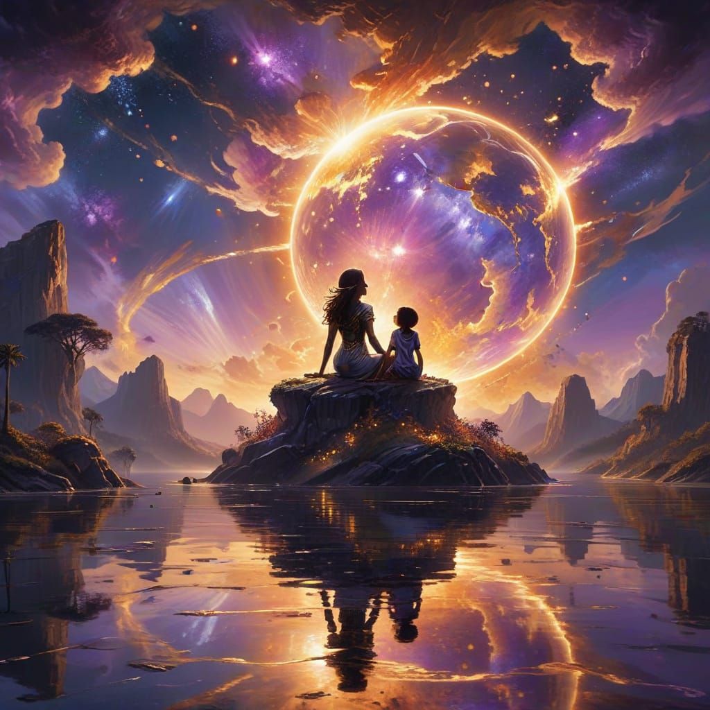 Mother and Child on Globe Island Under Cosmic Sunset