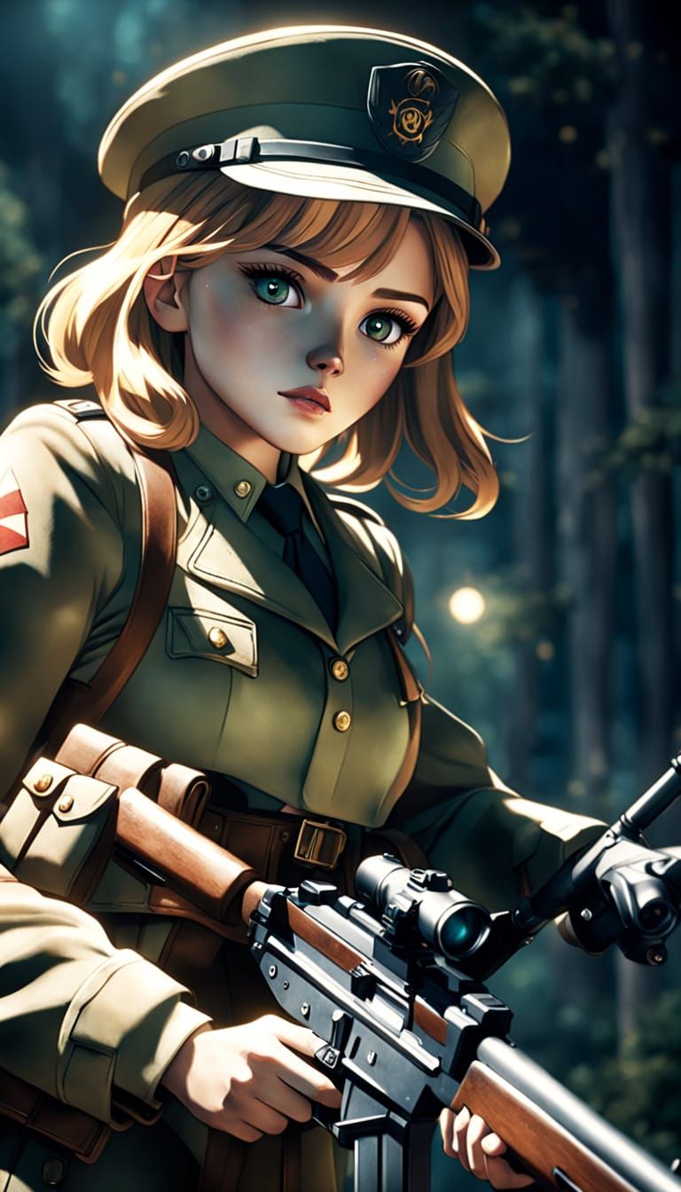 Anime Girl in WWII Uniform: Cinematic 3D Art