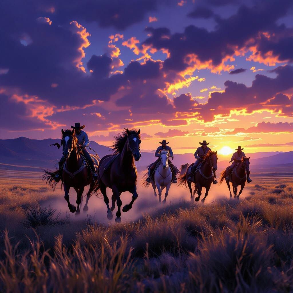Wild Horses Gallop with Cowboys in Dark Fantasy Art
