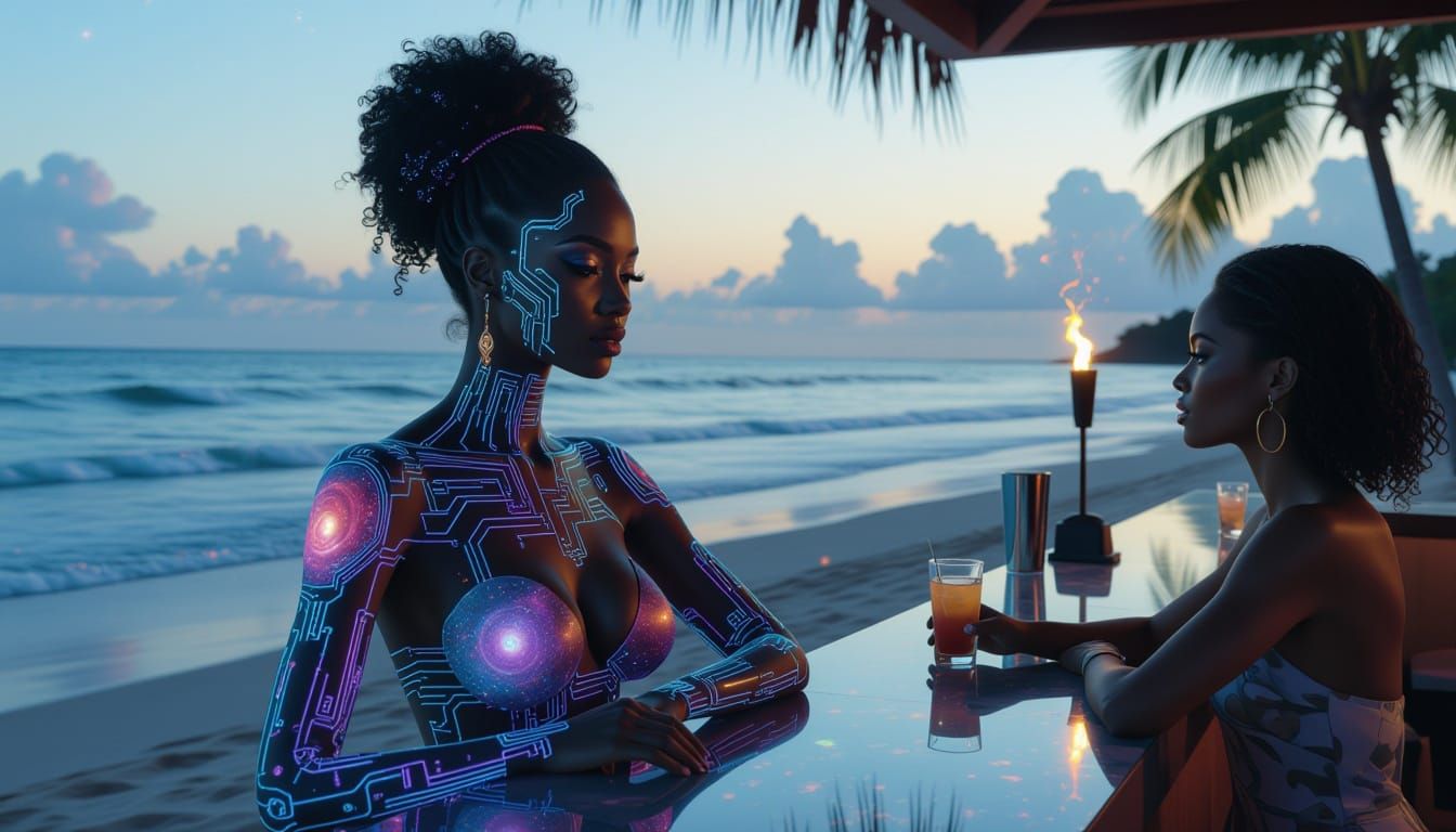 Luminous Woman at Beach Bar Under Cosmic Twilight