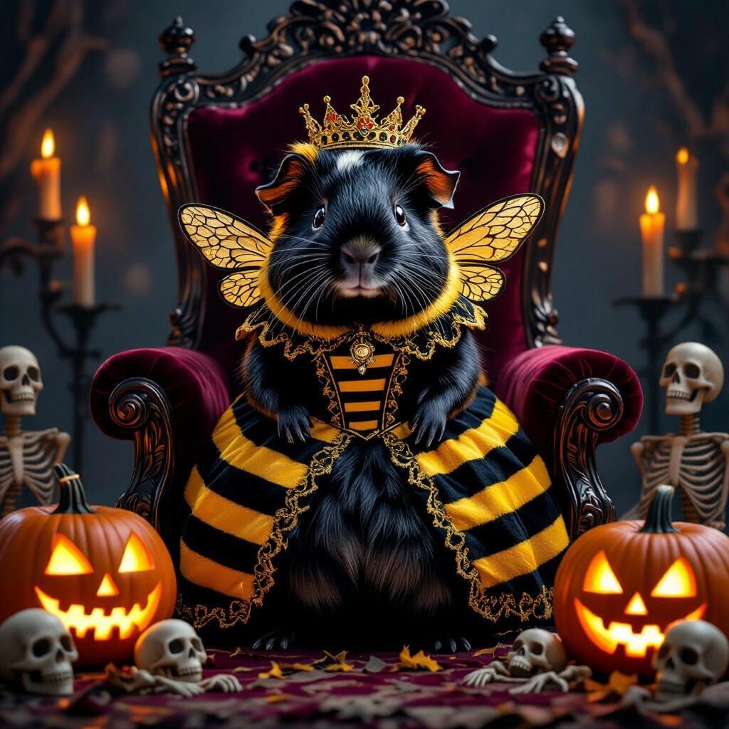 Regal Guinea Pig Queen in Spooky Halloween Scene