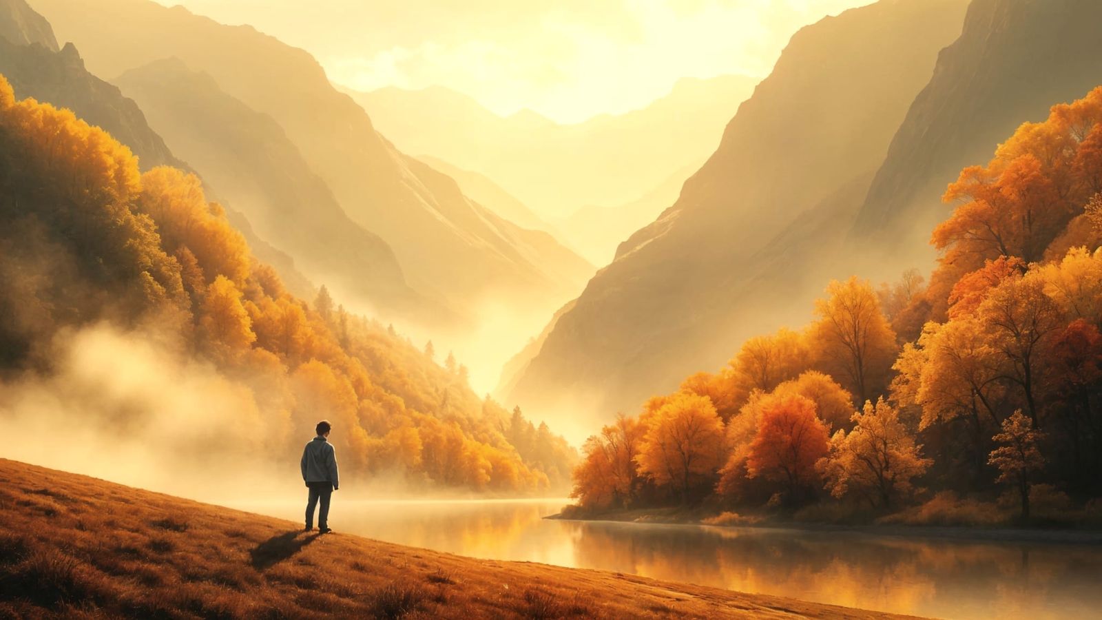 Autumn Valley Landscape in Whimsical Impressionist Style