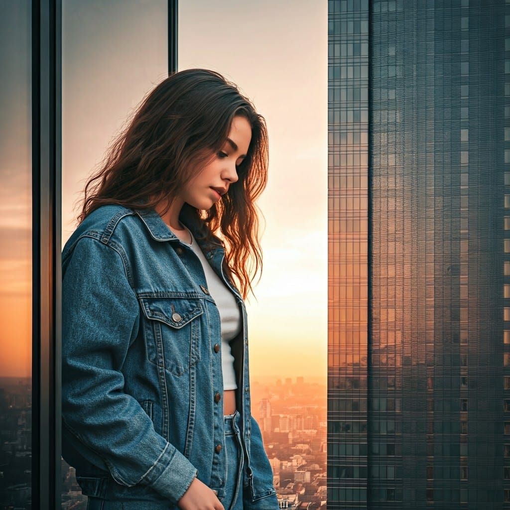 Giantess Girl Stands Tall Beside Modern Skyscraper in Warm L...