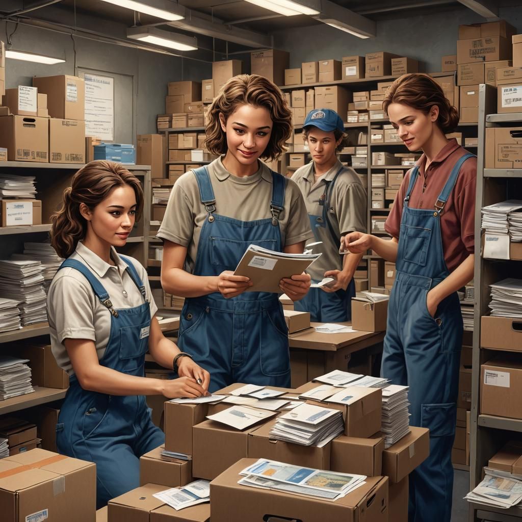 Friendly Postal Worker Surrounded by Colleagues in 90s Posta...