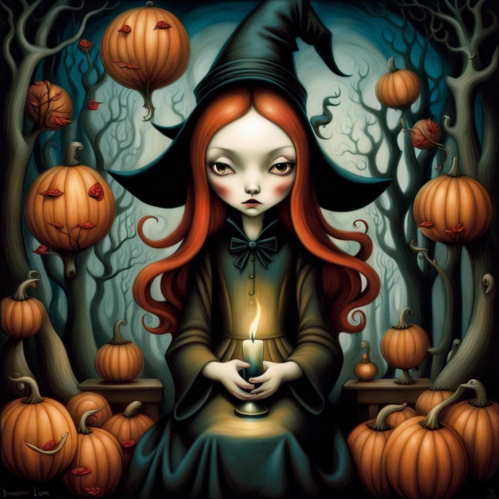 Surreal Watercolor Illustration of a Witch in Whimsical Fore...