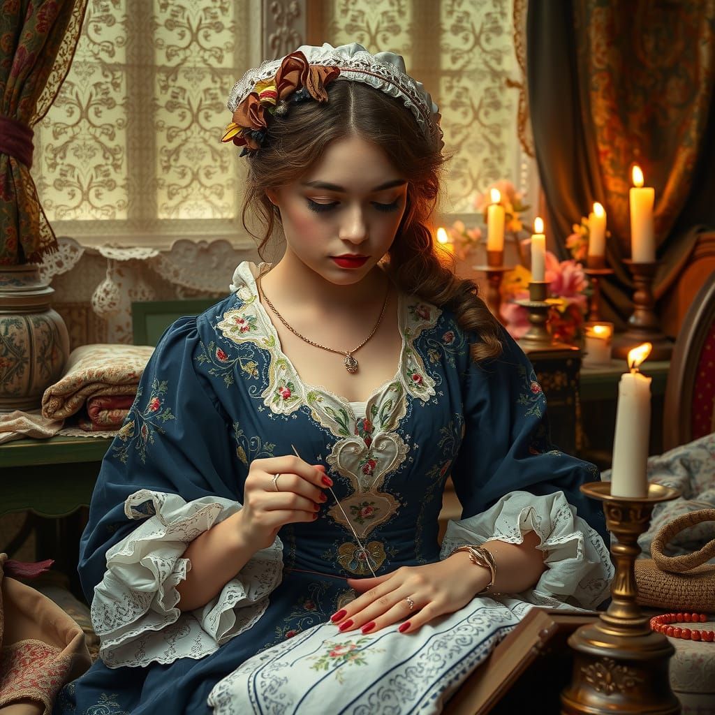 A Romantic Seamster Threads a Needle by Candlelight