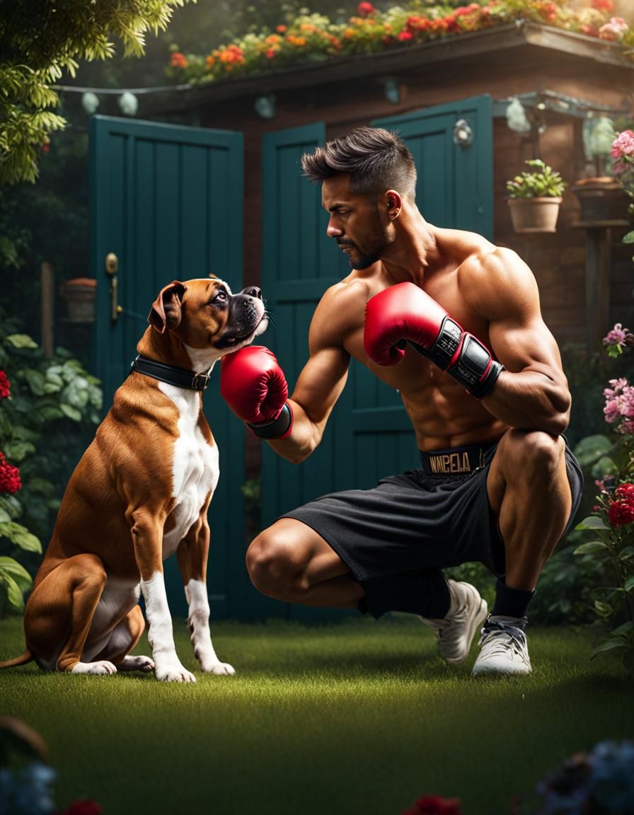 Handsome Boxer Enjoys Playtime with Little Dog in Vibrant Ga...