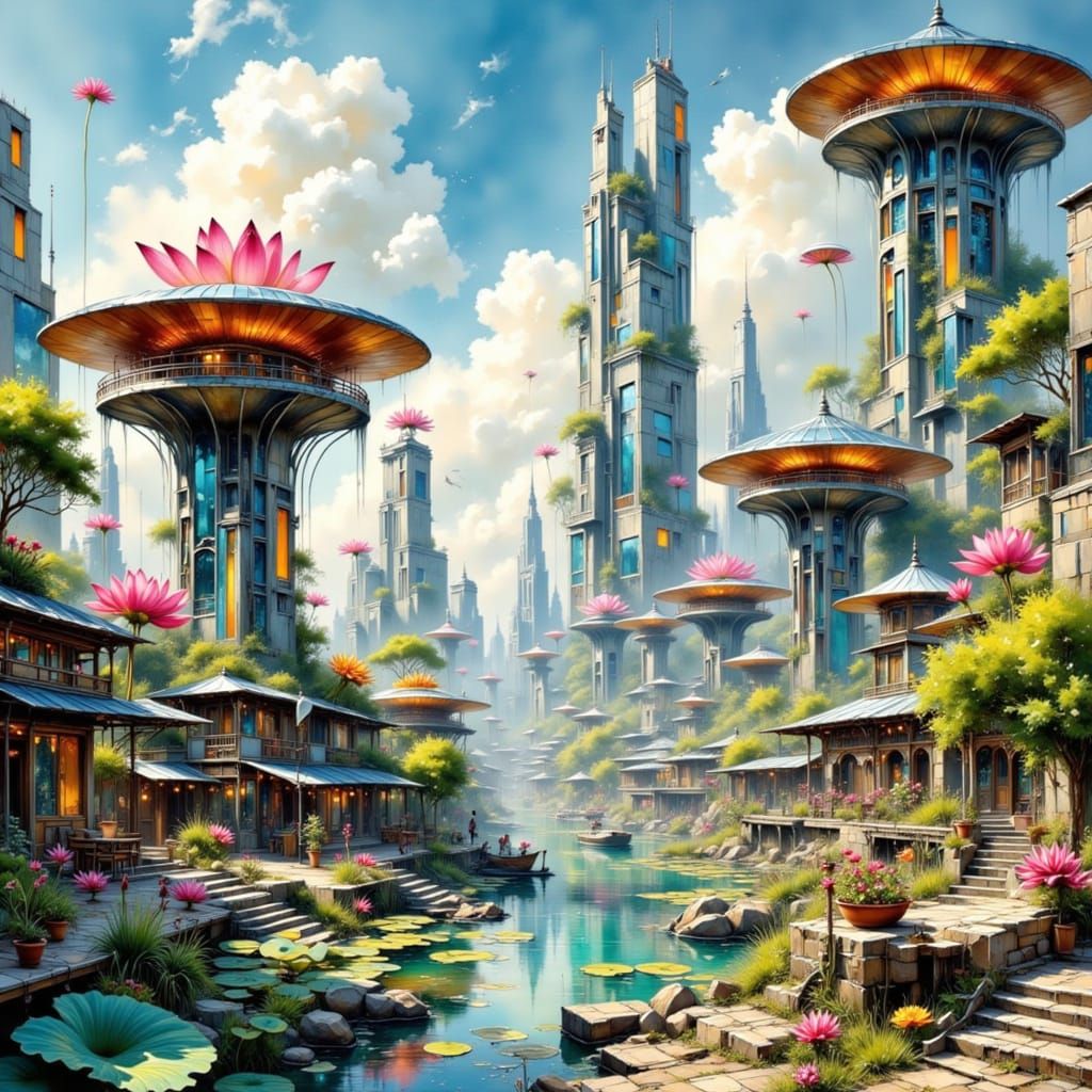 Futuristic Cityscape with Lotus Towers