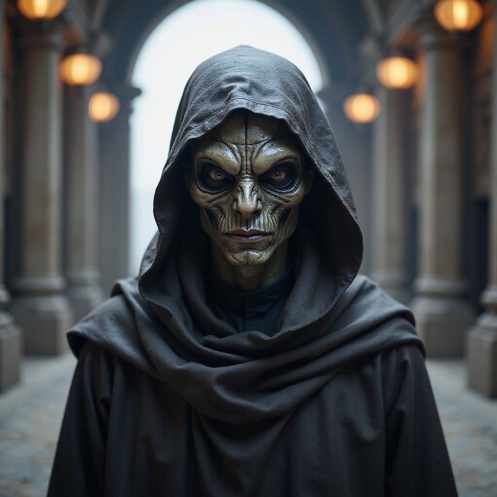 Masked Alien Creature in Sci-Fi Temple