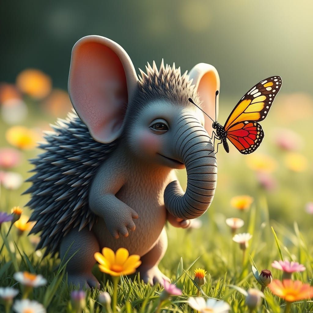 Whimsical Hedgehog Elephant Hybrid in Sunlit Meadow