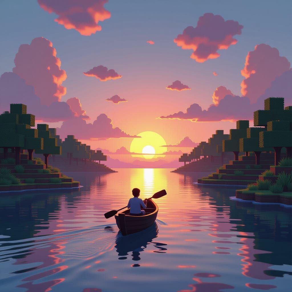 Serene Minecraft Islands at Sunset, Dreamy Digital Art
