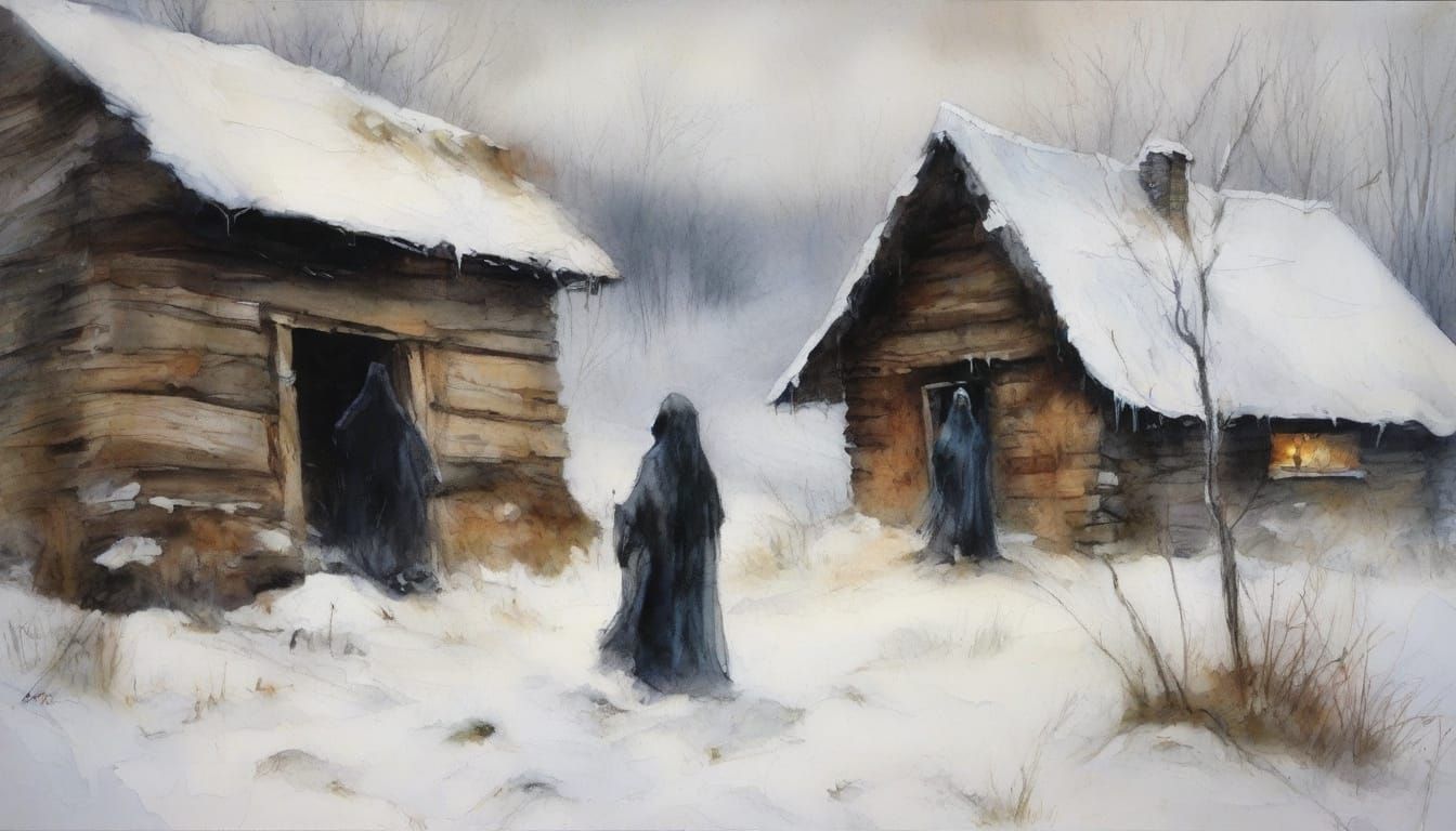 Hermit Confronts Screaming Witches in Bleak Winter Landscape