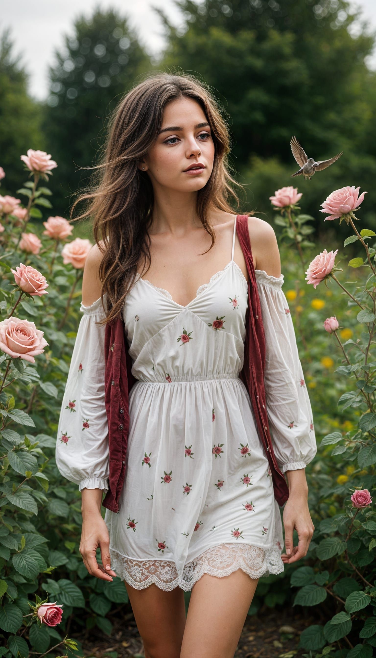 Gamine Bohème with Long Hair and Roses, Wearing Green Dress ...