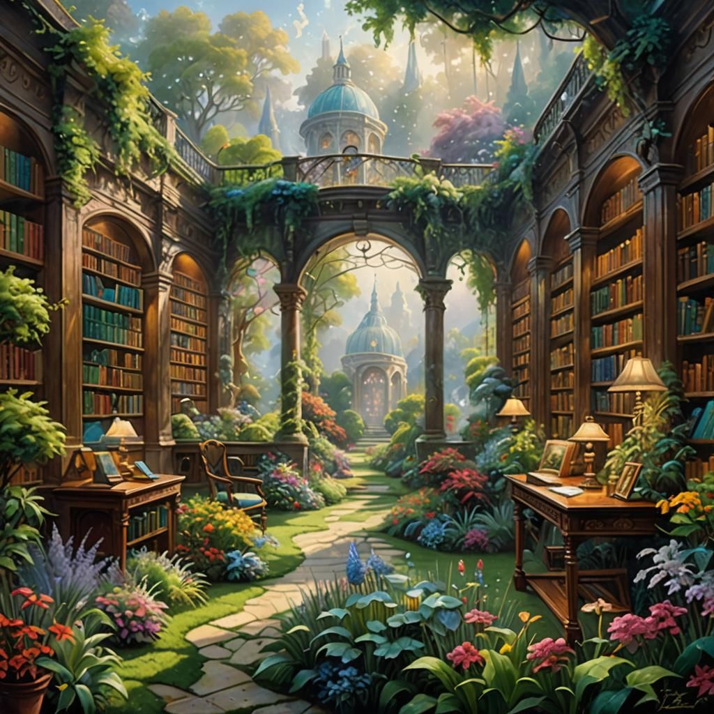 Ethereal Fantasy Garden in a Library Oil Painting