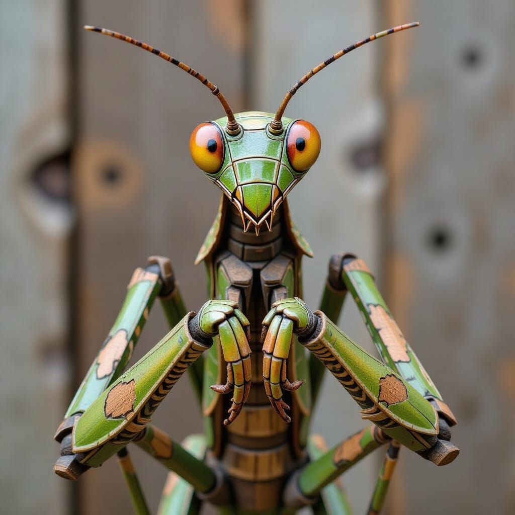 Praying Mantis Statue Crafted from Wooden Fragments