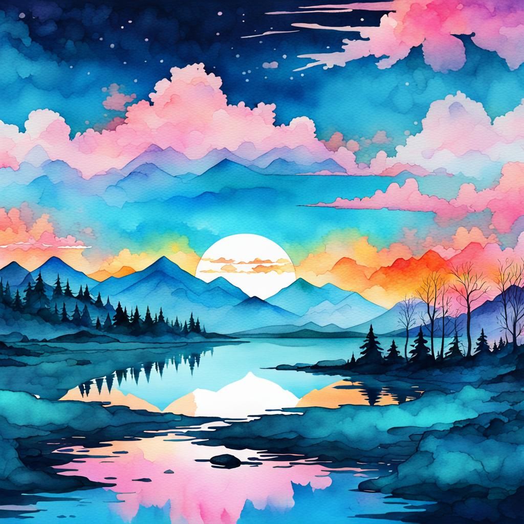 Ethereal Fantasy Landscape in Watercolor
