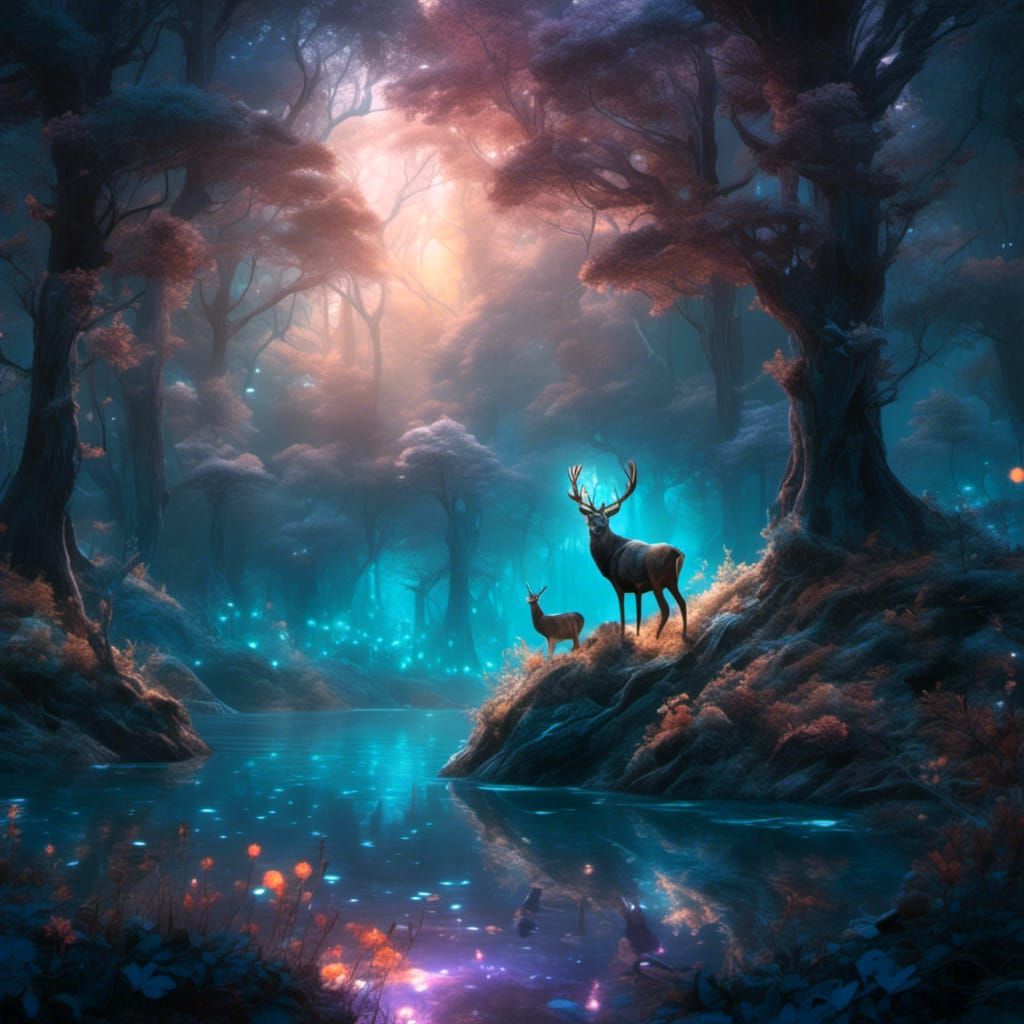 Surreal Bioluminescent Forest Scene with Majestic Stag and W...