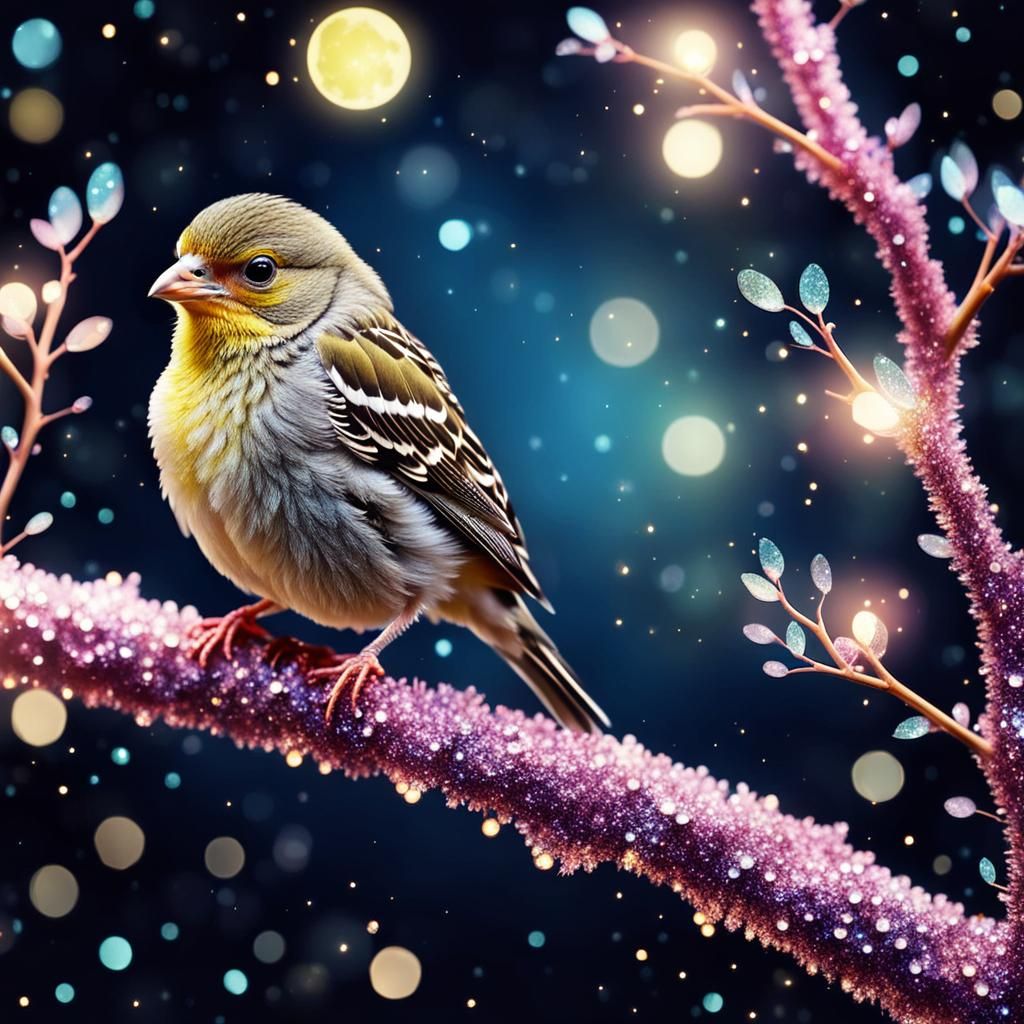 Whimsical Nighttime Finch Perch