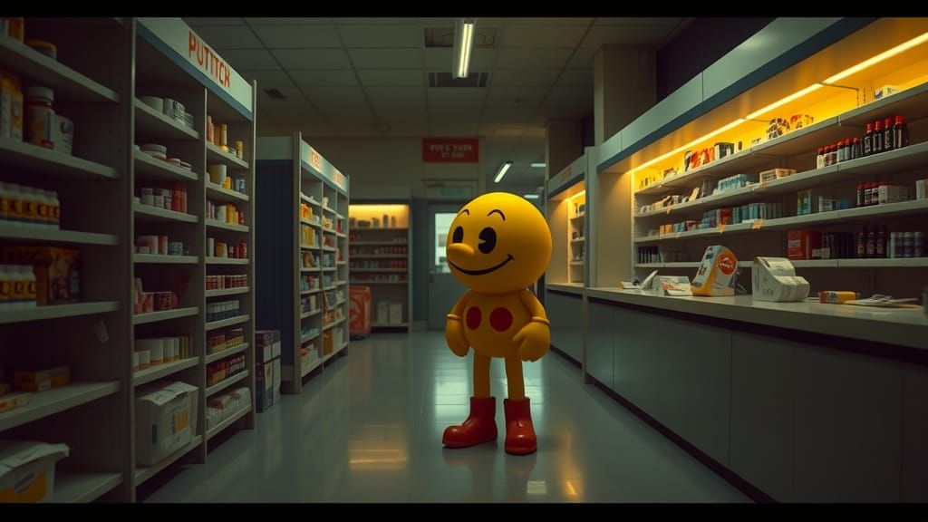 Epic Pac-Man in a Moody Pharmacy Setting