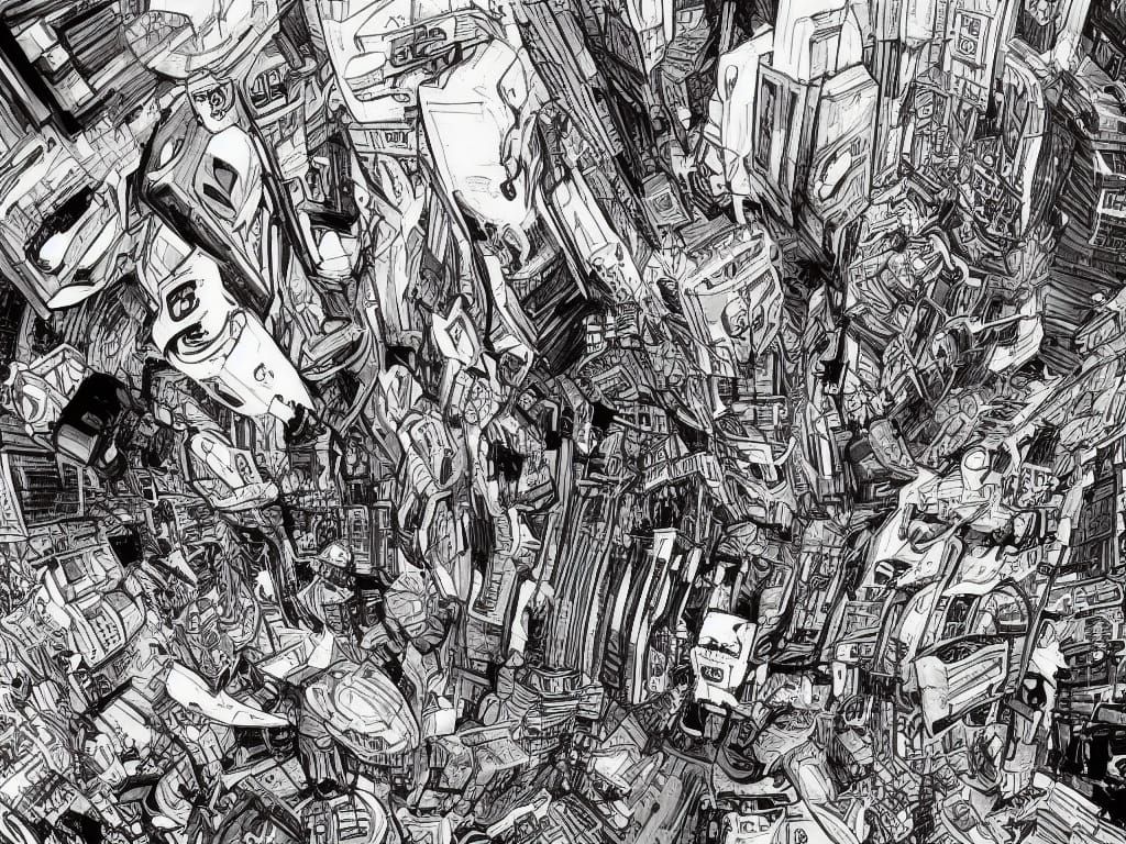 Cyberpunk Robot Zombies Frenzy in Manga-Style Cityscape