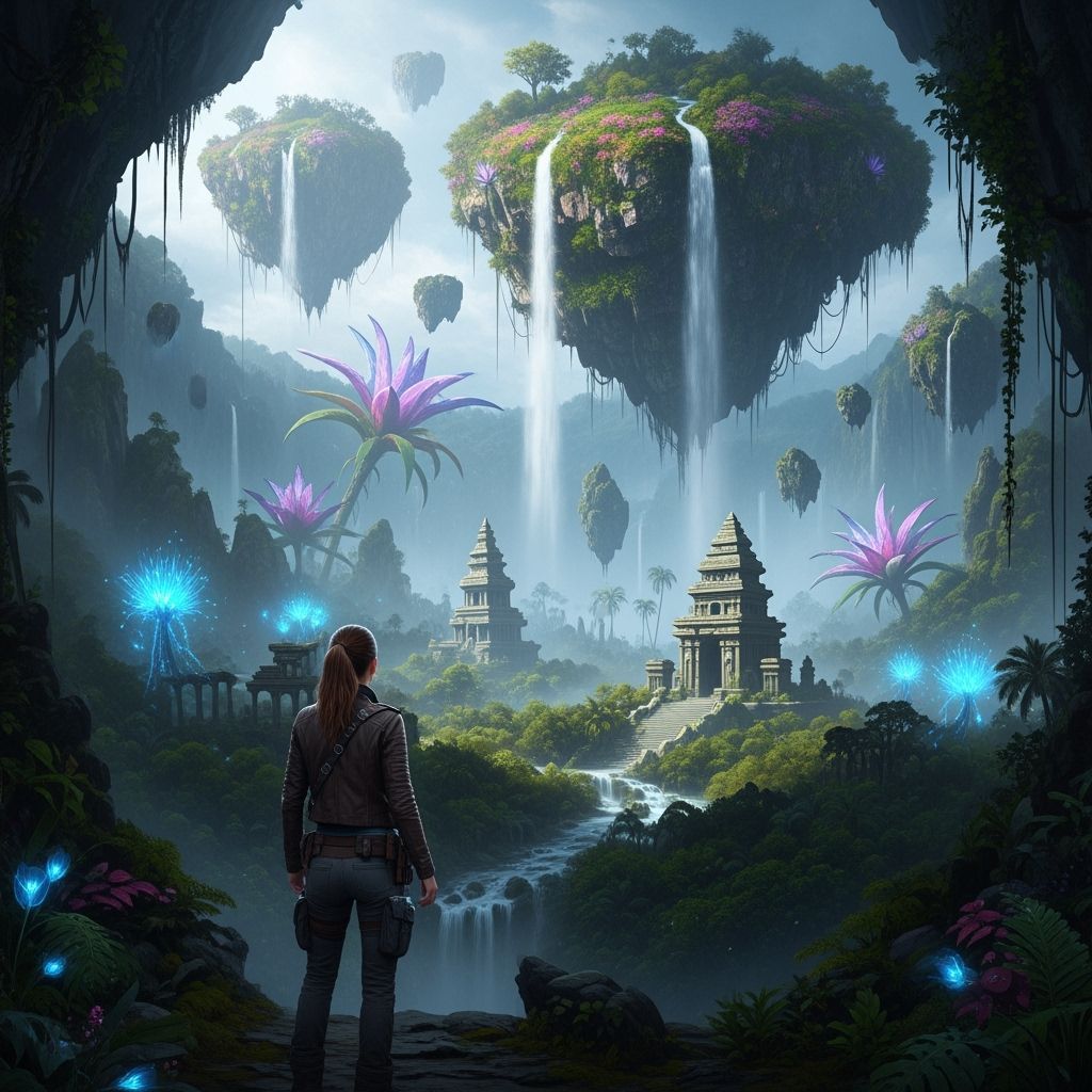 Explorer Surveys Bioluminescent Underearth Realm with Floati...