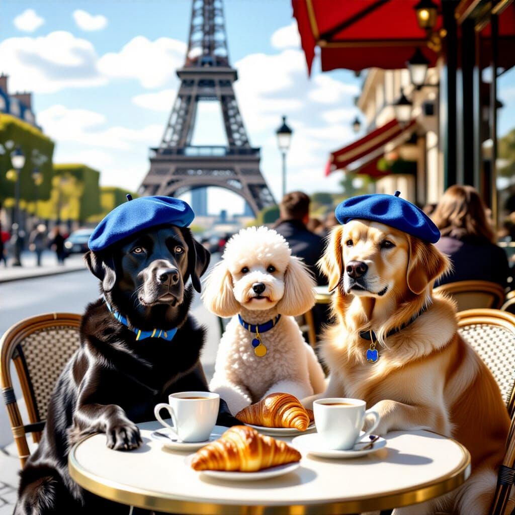 Dogs in Berets at Parisian Cafe