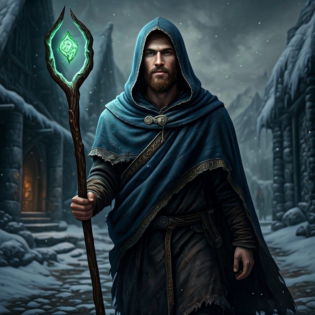 Ethereal Wizard Strides through Snowy Skyrim Streets