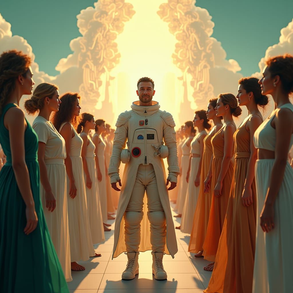 Regal Man Surrounded by Adoring Women in a Vibrant, Dreamlik...