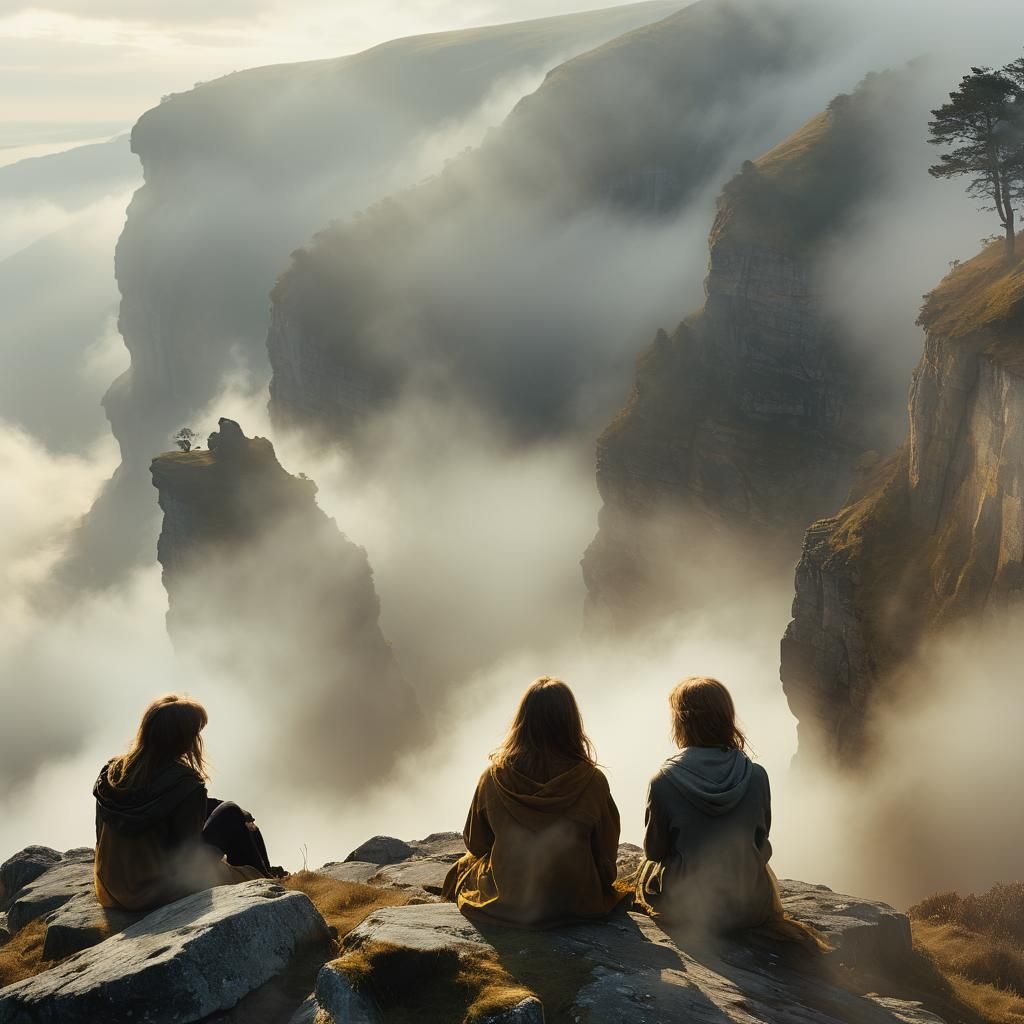 Two Emmas Bask in Golden Light on a Misty Cliff