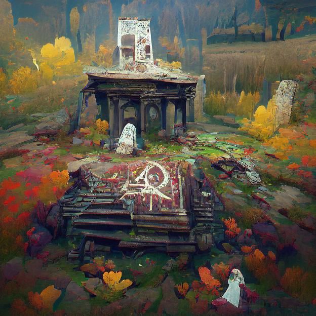 Mystical Autumn Altar in Abandoned Meadow Landscape