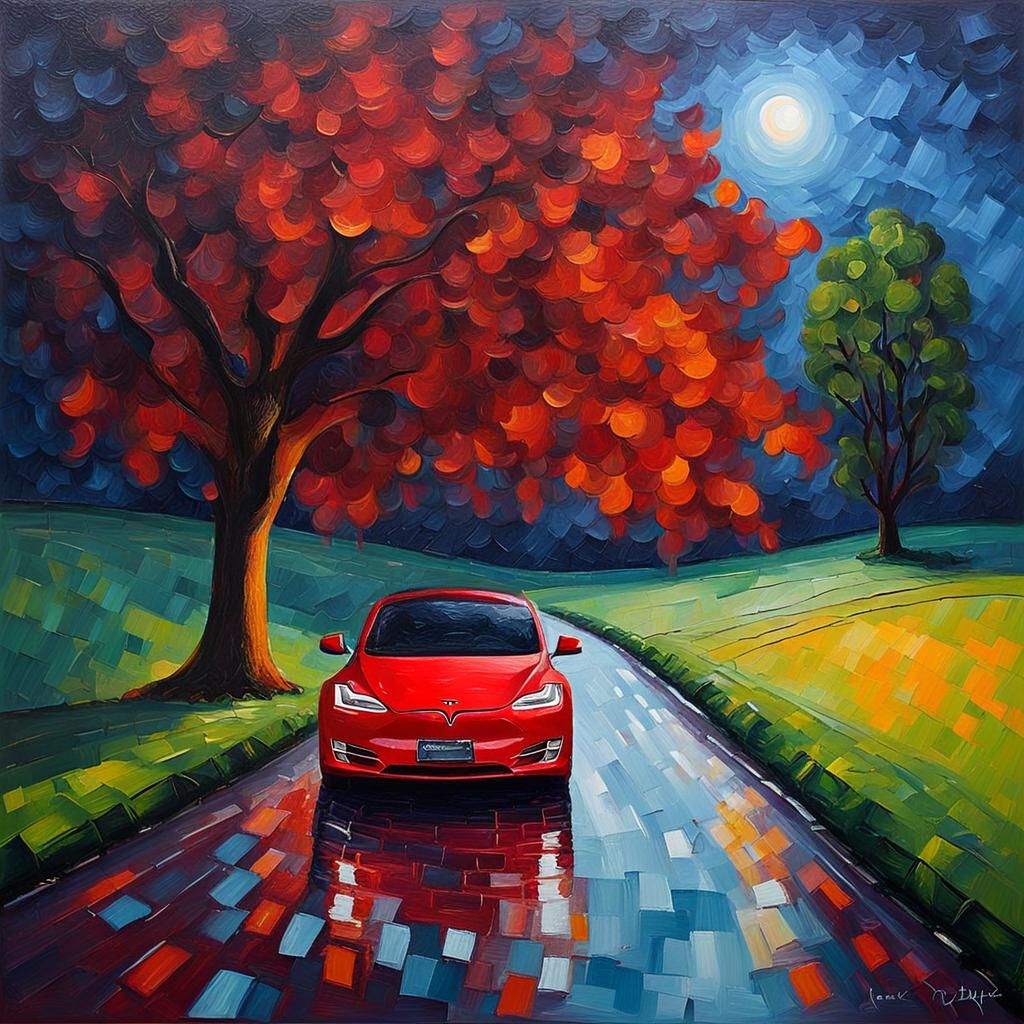 A Red Tesla Under an Oak Tree in Rolleston at Night