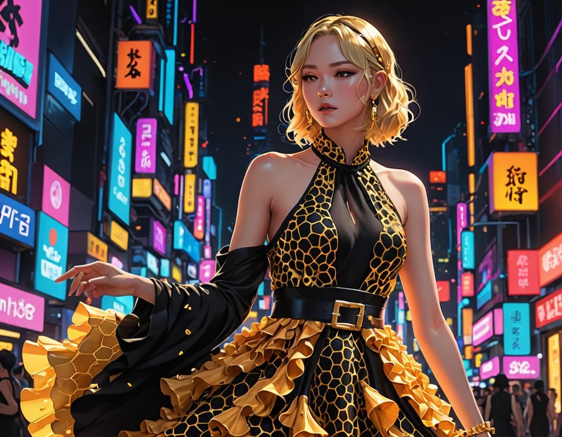 Surreal Neon Goddess Wears Vibrant Cheetah Print Dress with...