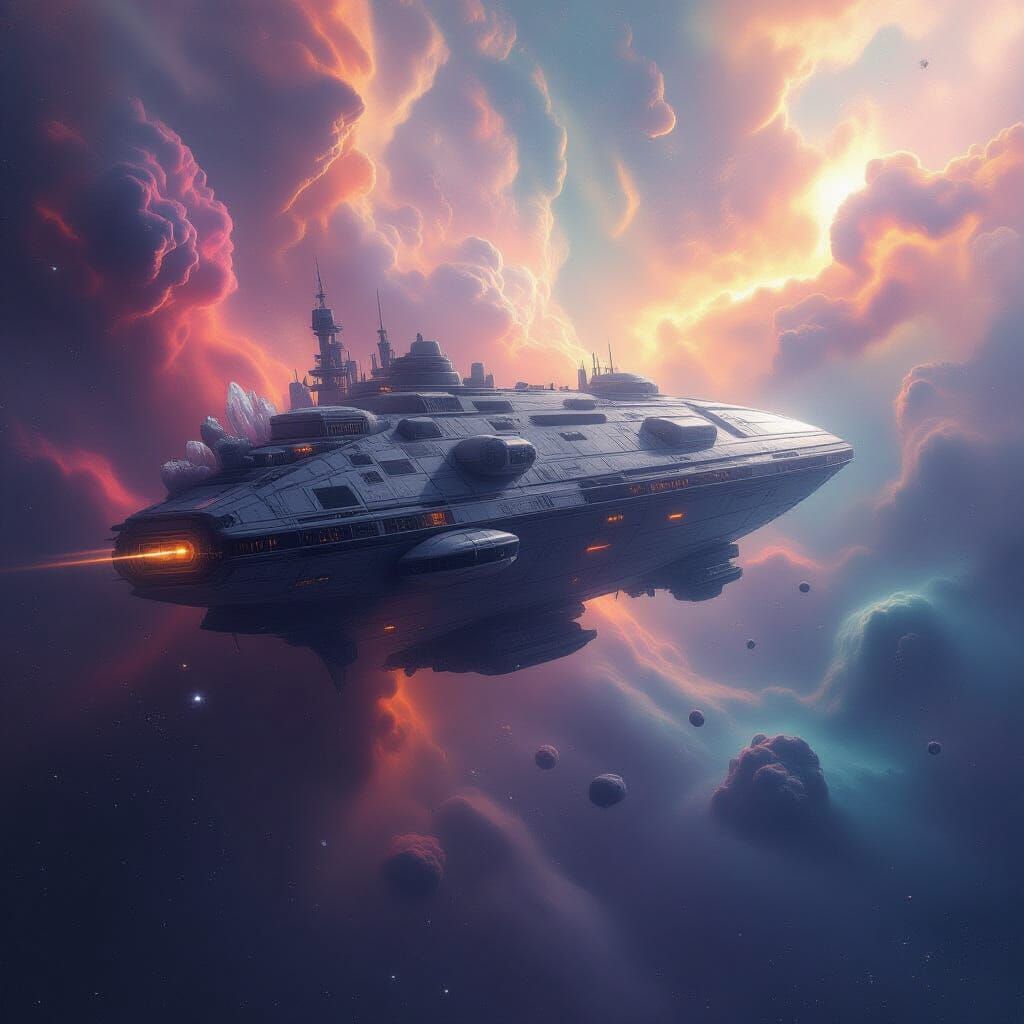 Abandoned Spaceship in Cosmic Nebula with Alien Coral