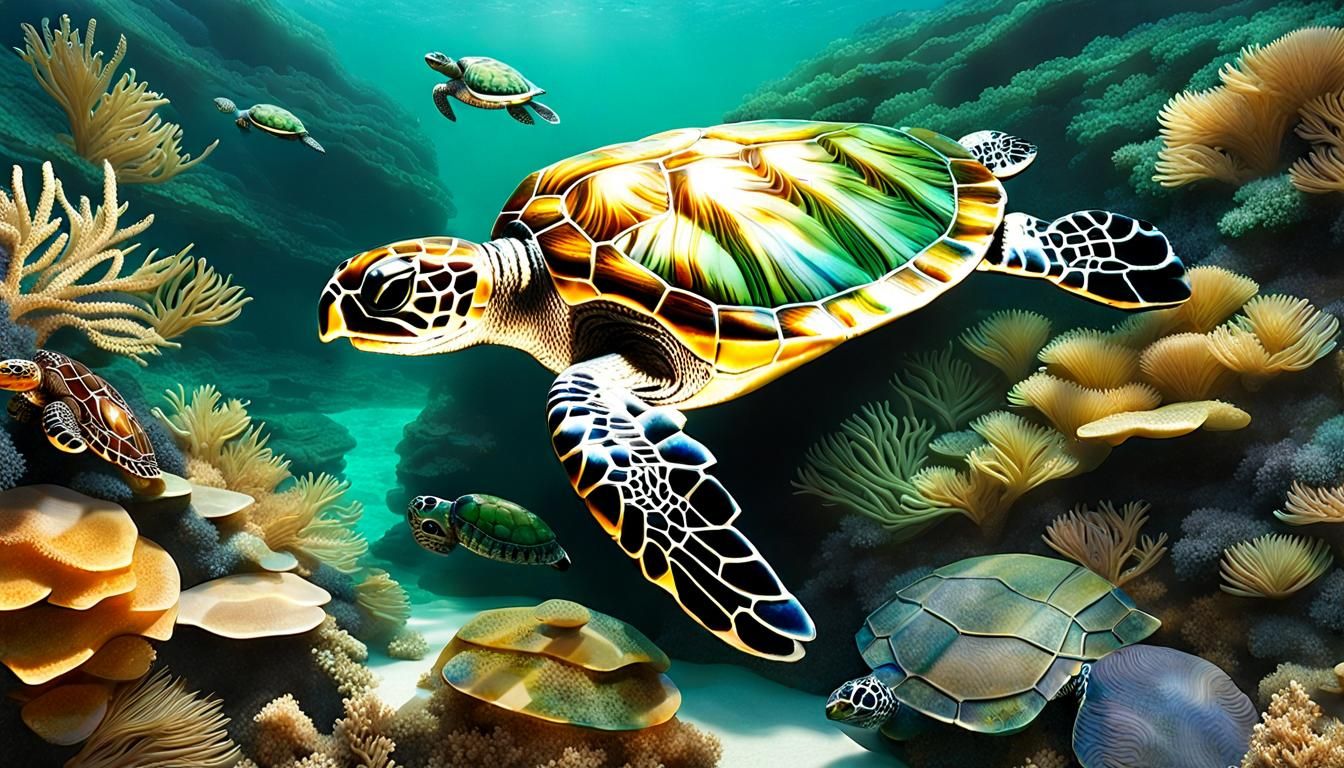 Asian-Inspired Masterpiece of Sea Turtles in Paradise