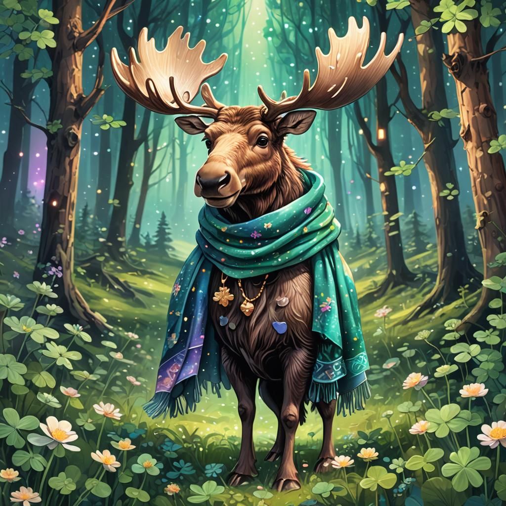 Charming Chibi Moose in Whimsical Woodland Scene