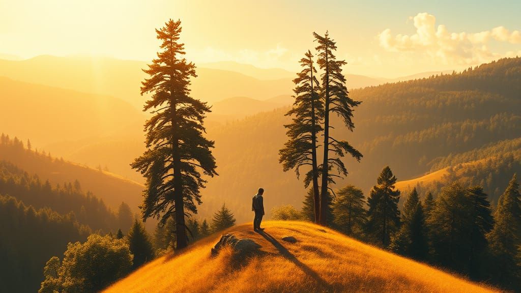 Idyllic Landscape with Contemplative Figure in Golden Light