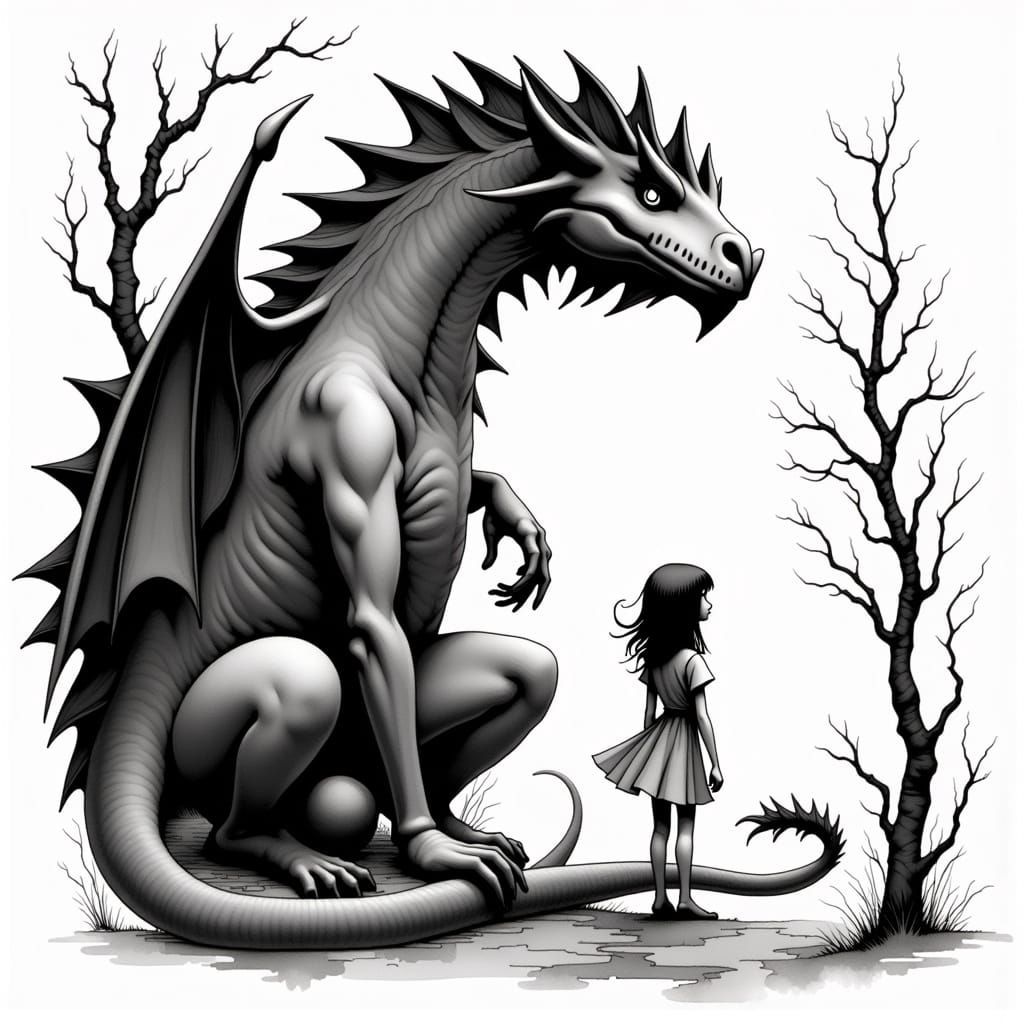 Dreamlike Black and White Ink Brush Scene of Girl and Dragon