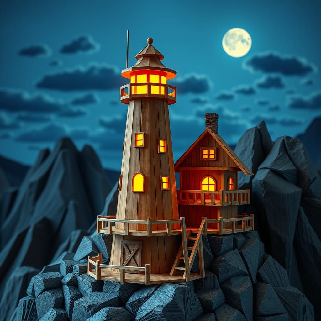 Wooden Lighthouse in a Rocky Mountain Nighttime Scene