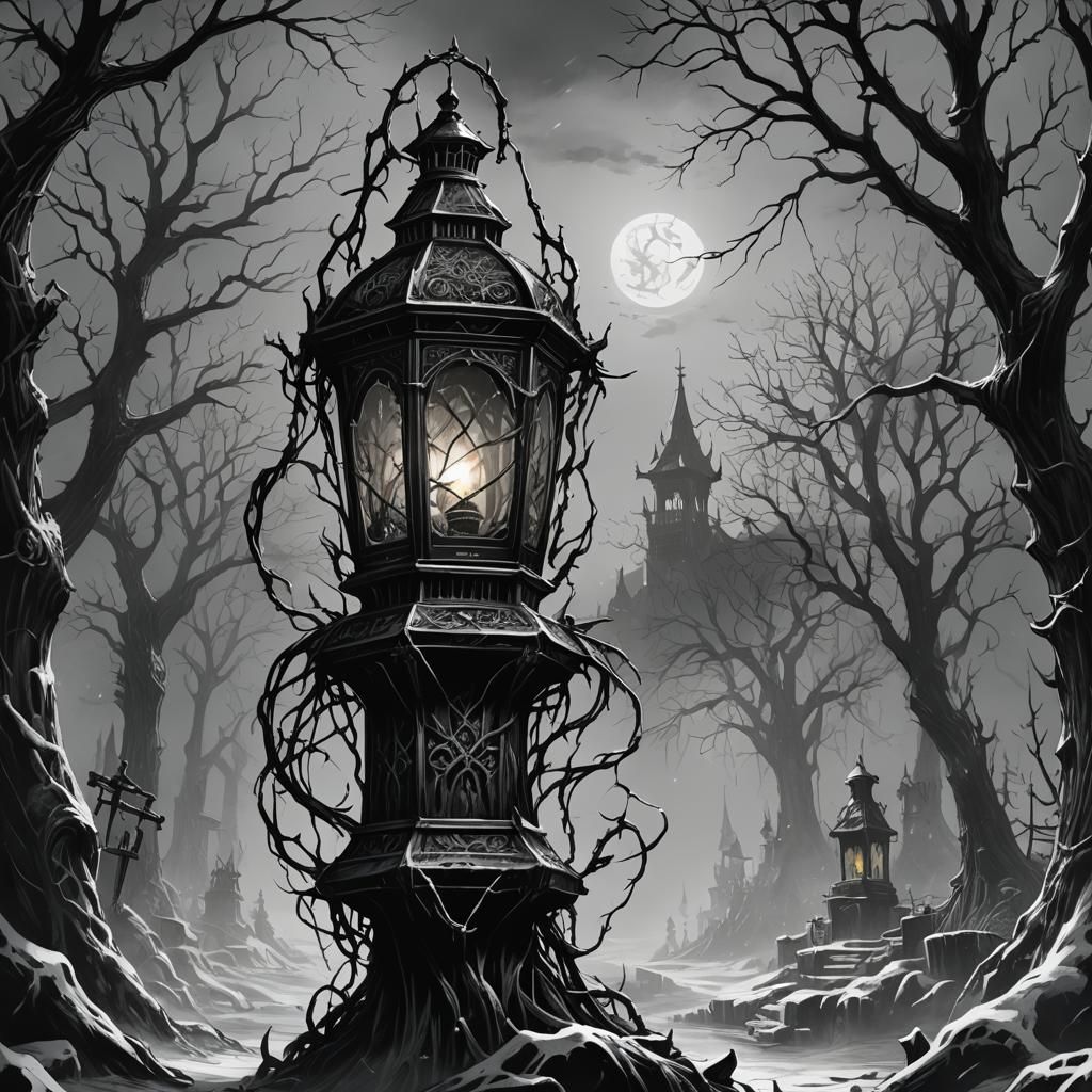 Winter Lantern in Dark, Inky Blackness with Shadowy Tendrils