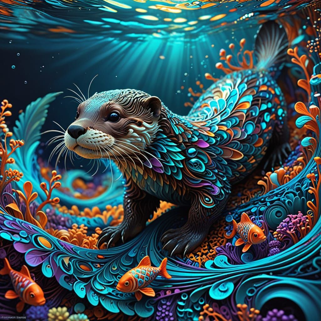 Vibrant Whimsy: Abstract Otter in Shimmering Wave Patterns