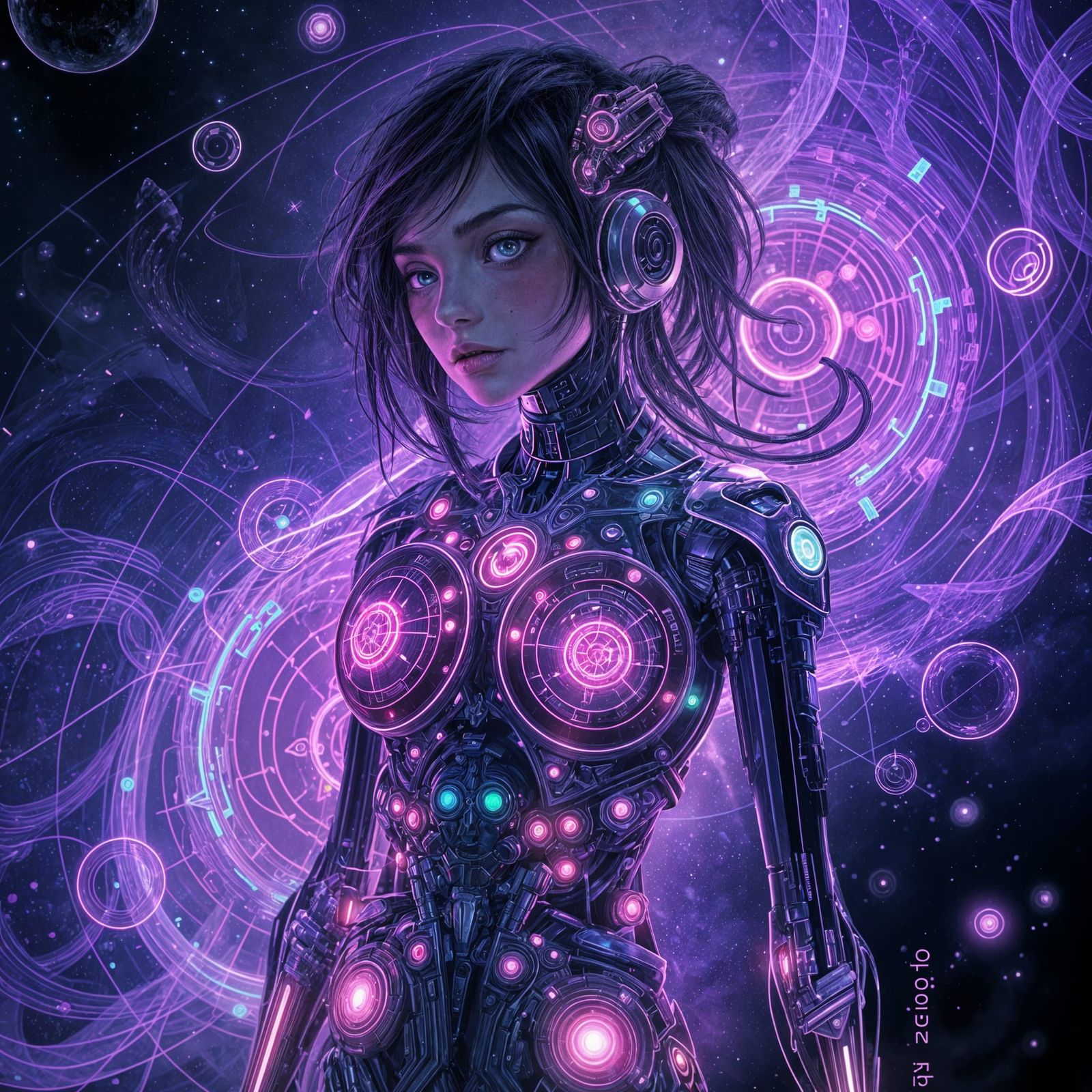 Cyberpunk Cyborg Girl: Holographic Astral Illustration