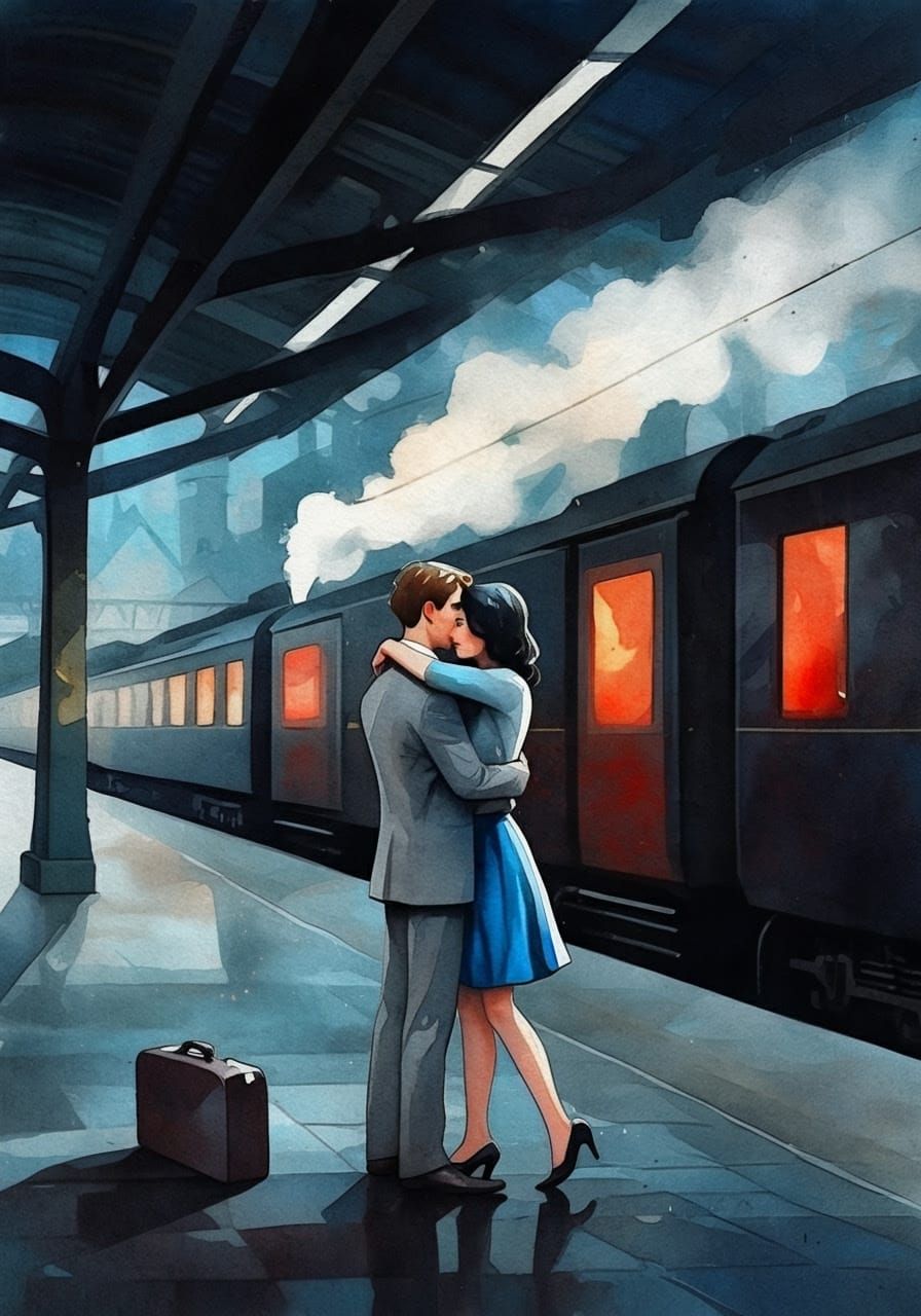 Stylized Watercolor Train Station Romance