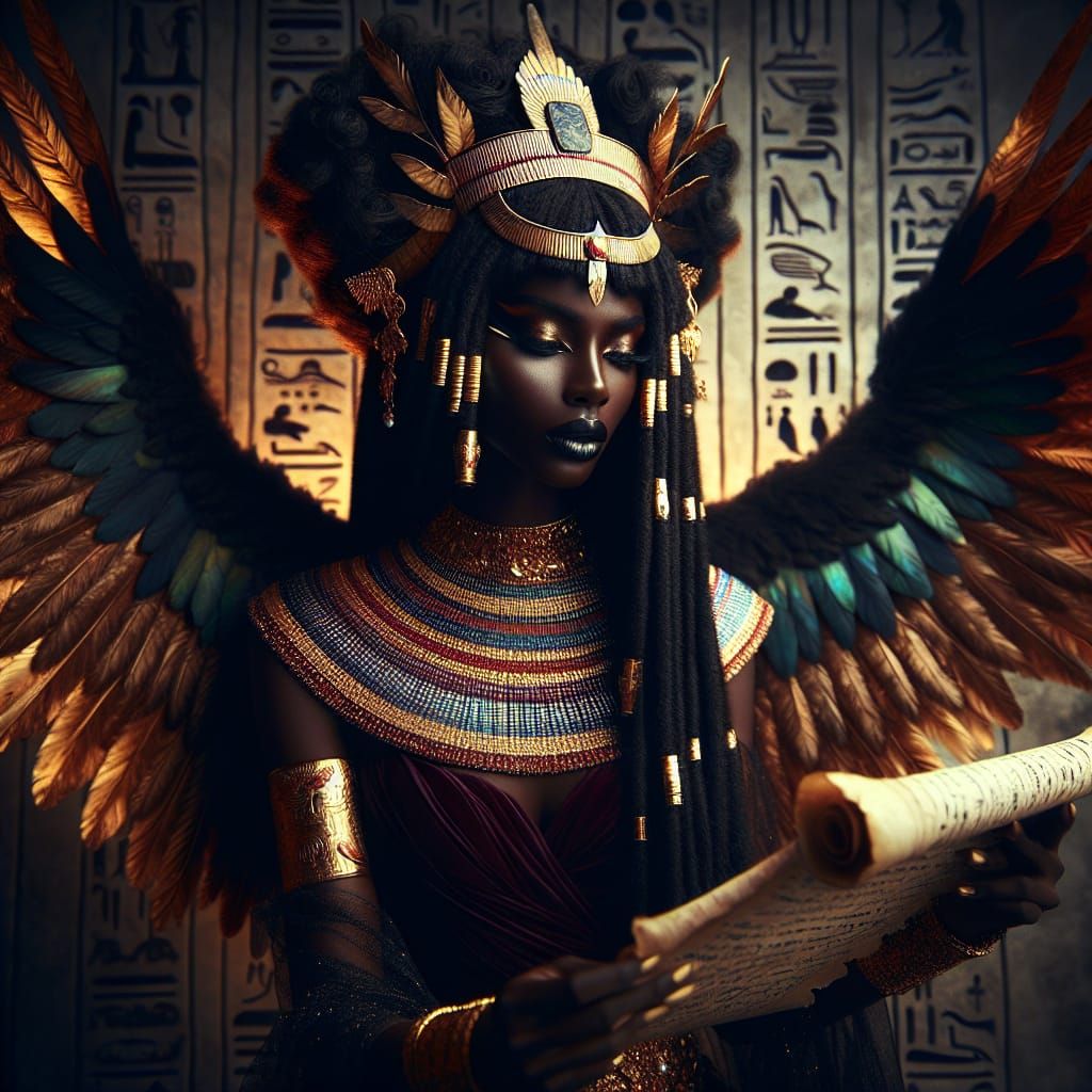 Egyptian Goddess of Wisdom with Ethereal Wings and Ancient K...