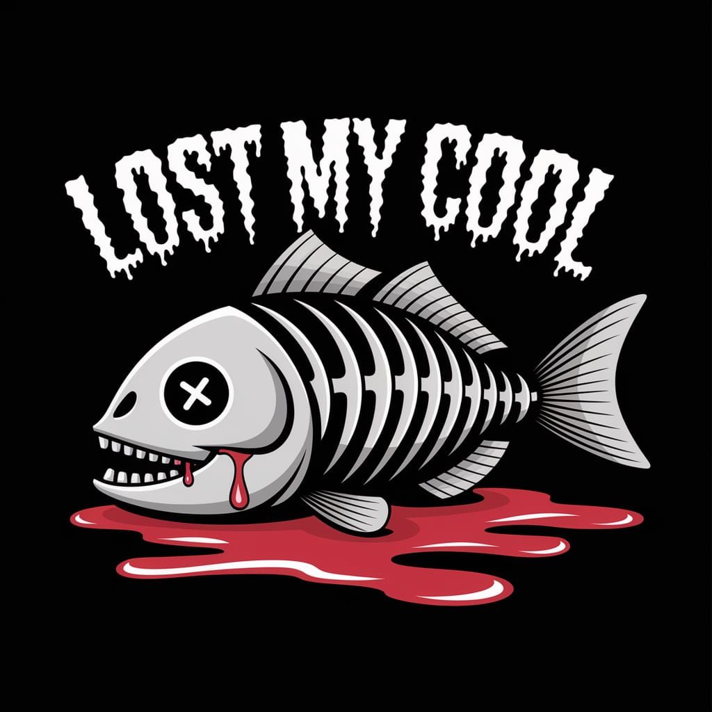 Surreal Cartoon Fish Skeleton with Blood Drips and Edgy Text