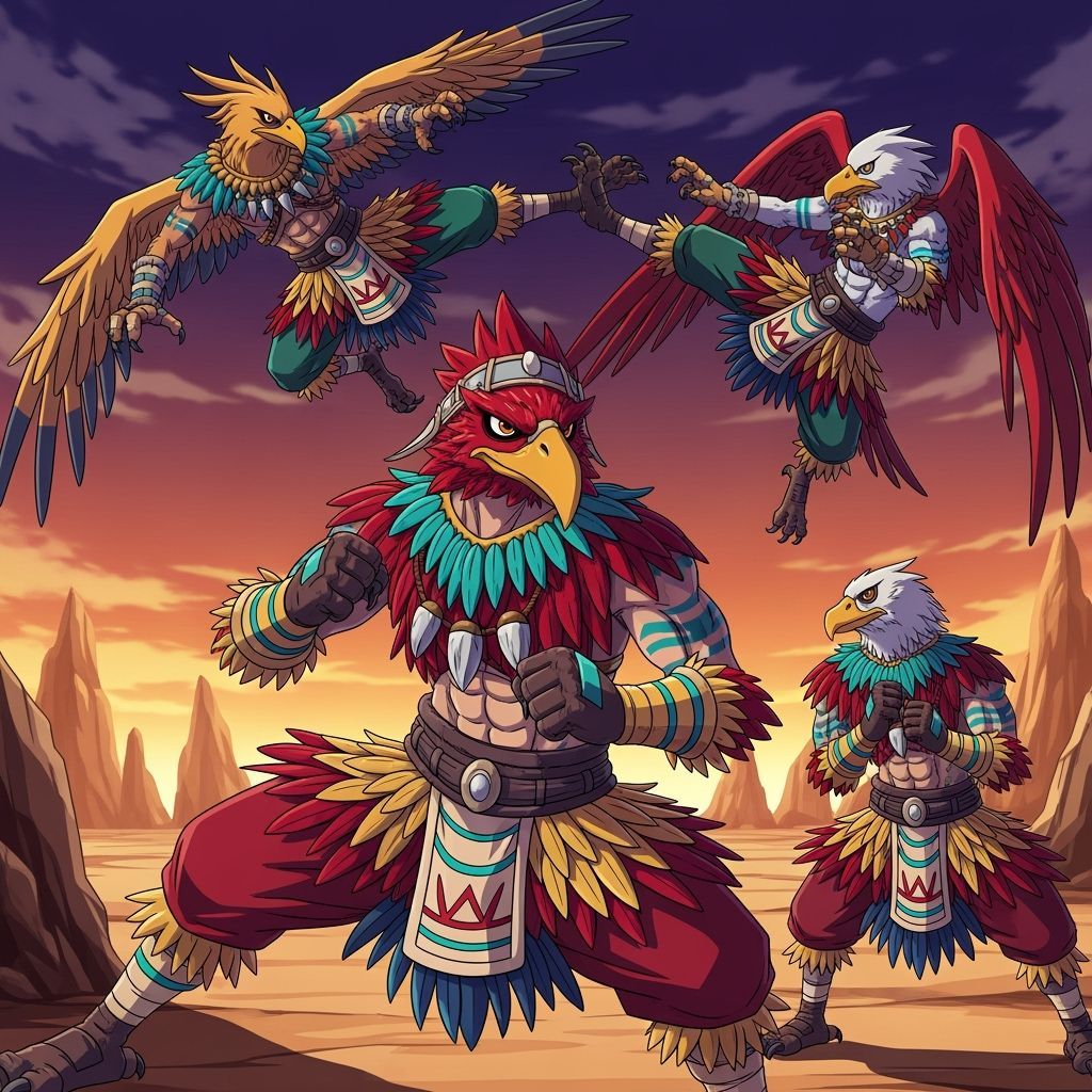 Birdfolk Nomads Showcasing Kickboxing Prowess in Anime Style