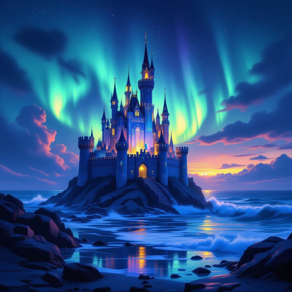 Sea Glass Castle Under Northern Lights