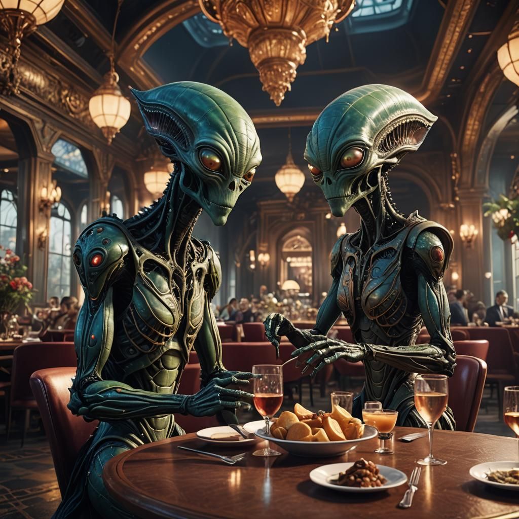 Two aliens on a date in a fancy restaurant.